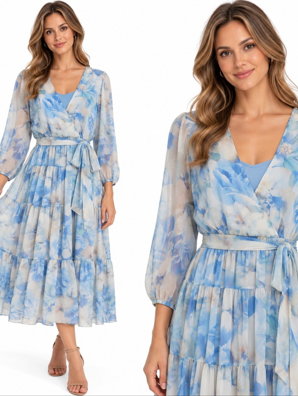 Calvin Klein Maxi Dress 10 Blue Floral Cottagecore Romantic‎ Tiered Chiffon